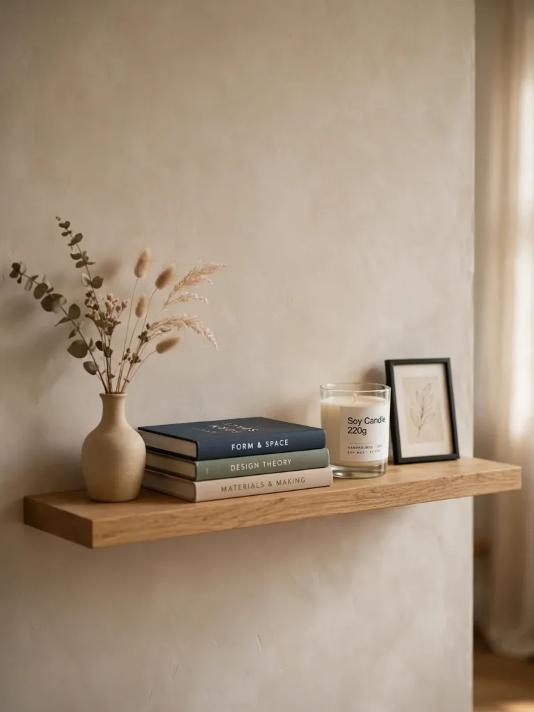 styled floating shelf with a labeled soy candle, small book stack, mini art frame, and dried stems