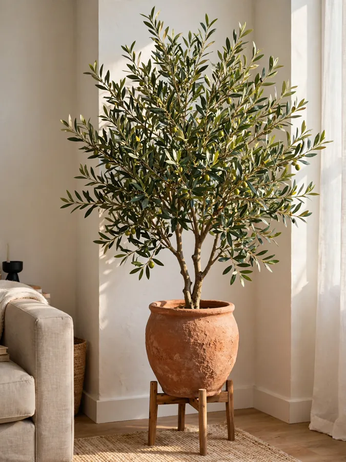 large olive tree in a textured ceramic pot on a plant stand in a bright apartment living room corner