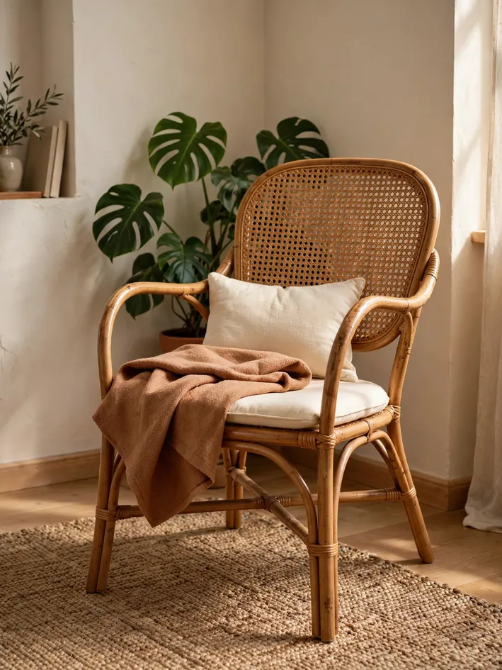 rattan cane accent chair with a small cushion and folded throw in a cozy apartment living room corner