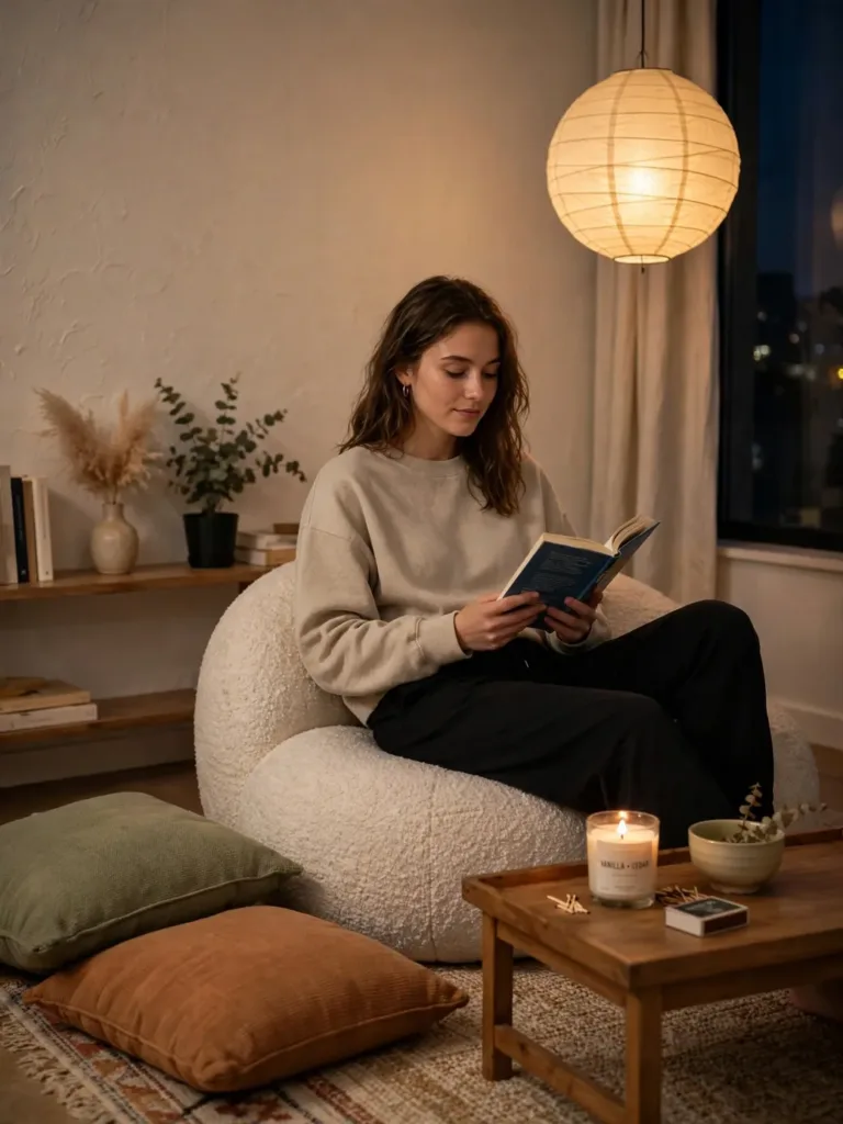 cozy floor-level lounge corner with a large pouf, floor cushions, low tray table, and paper lantern glow