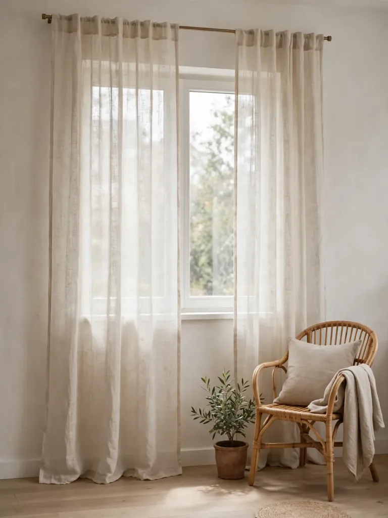 sheer linen curtains hung near the ceiling filtering daylight over a small apartment window