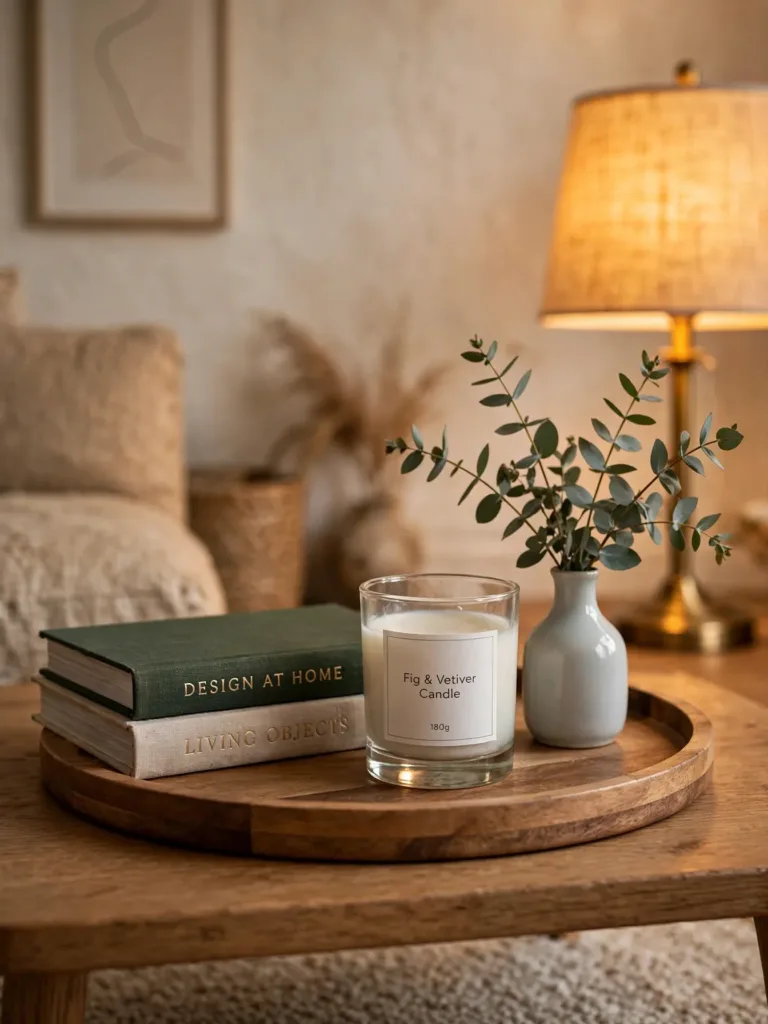 styled coffee table vignette with a wooden tray, labeled fig candle, book stack, and ceramic bud vase