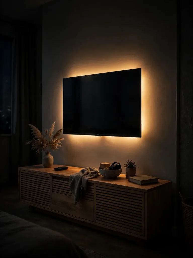 TV console at night with a warm LED strip halo glowing on the wall behind the television