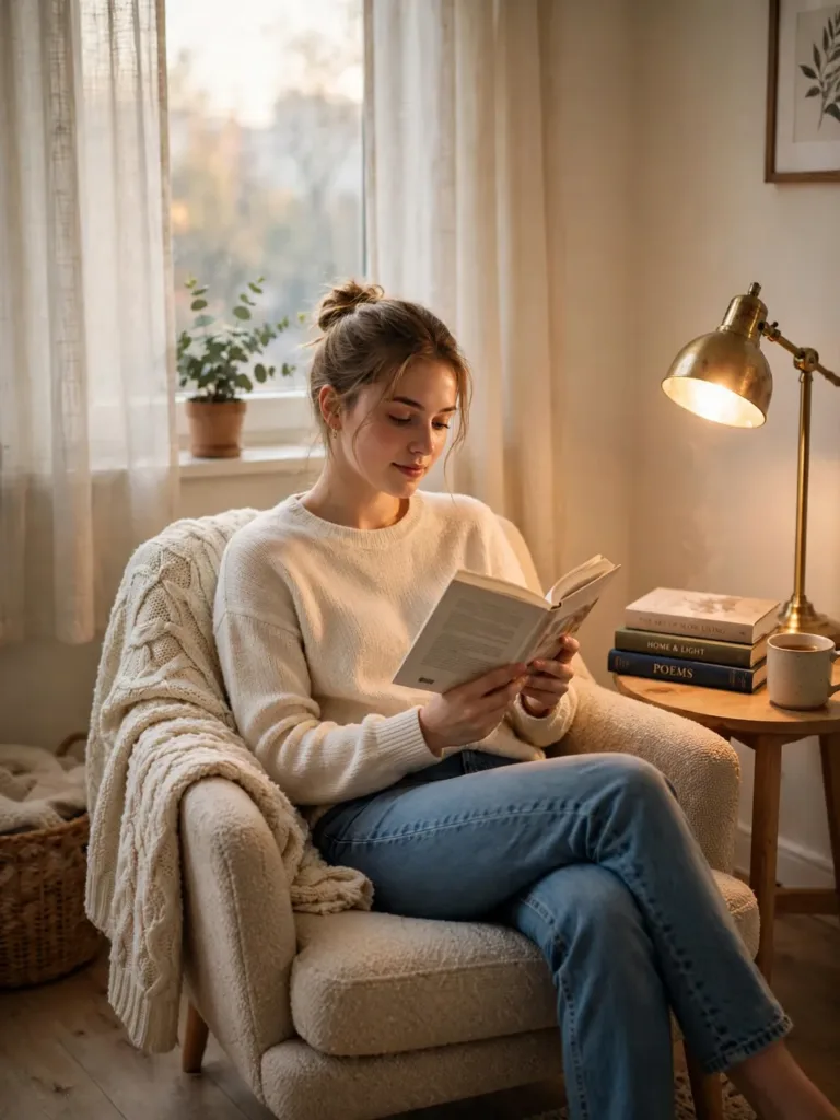 cozy reading corner with an accent chair angled toward the room, throw, side table, and floor lamp