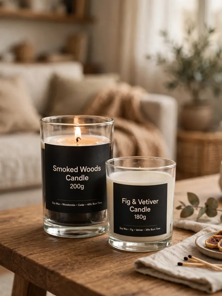 two labeled scented candles clustered on a coffee table in a warm living room