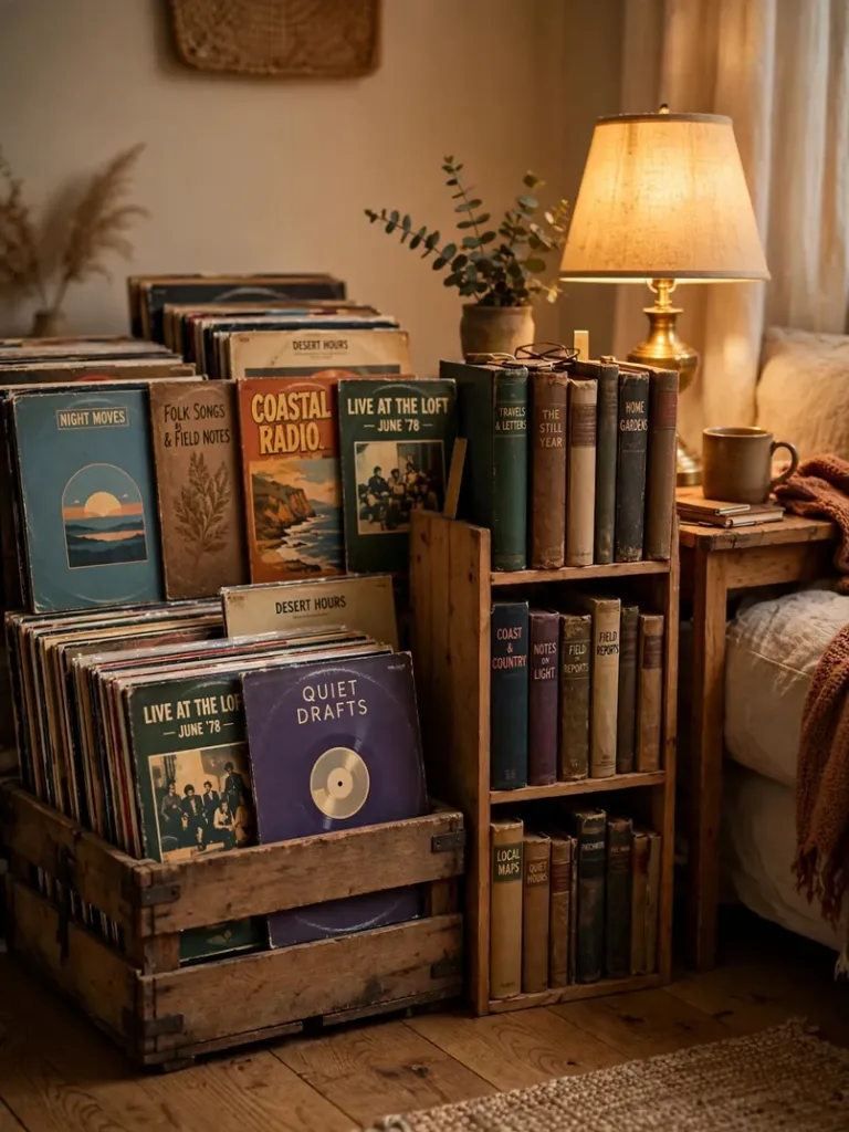 low wooden crate with vinyl records facing out beside a small curated bookshelf in a living room