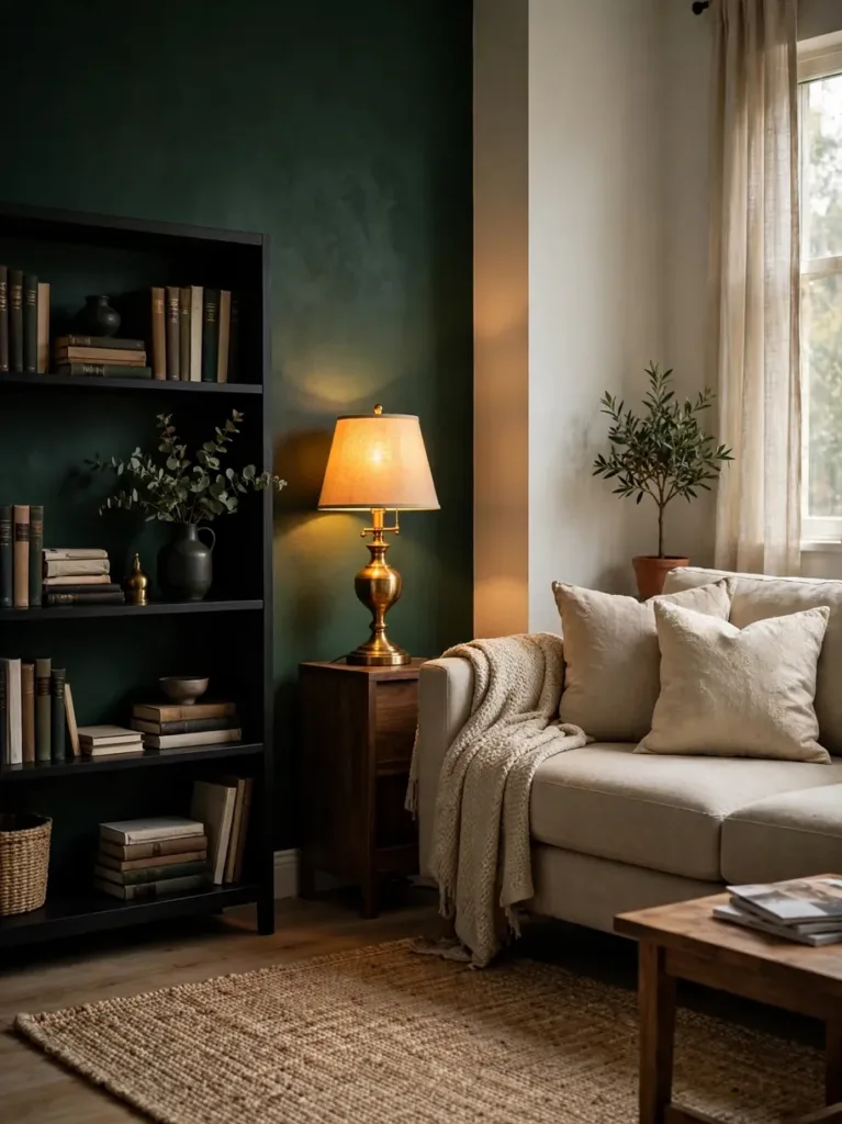 small living room with one deep forest green accent wall, black bookshelf, and warm brass lamp glow