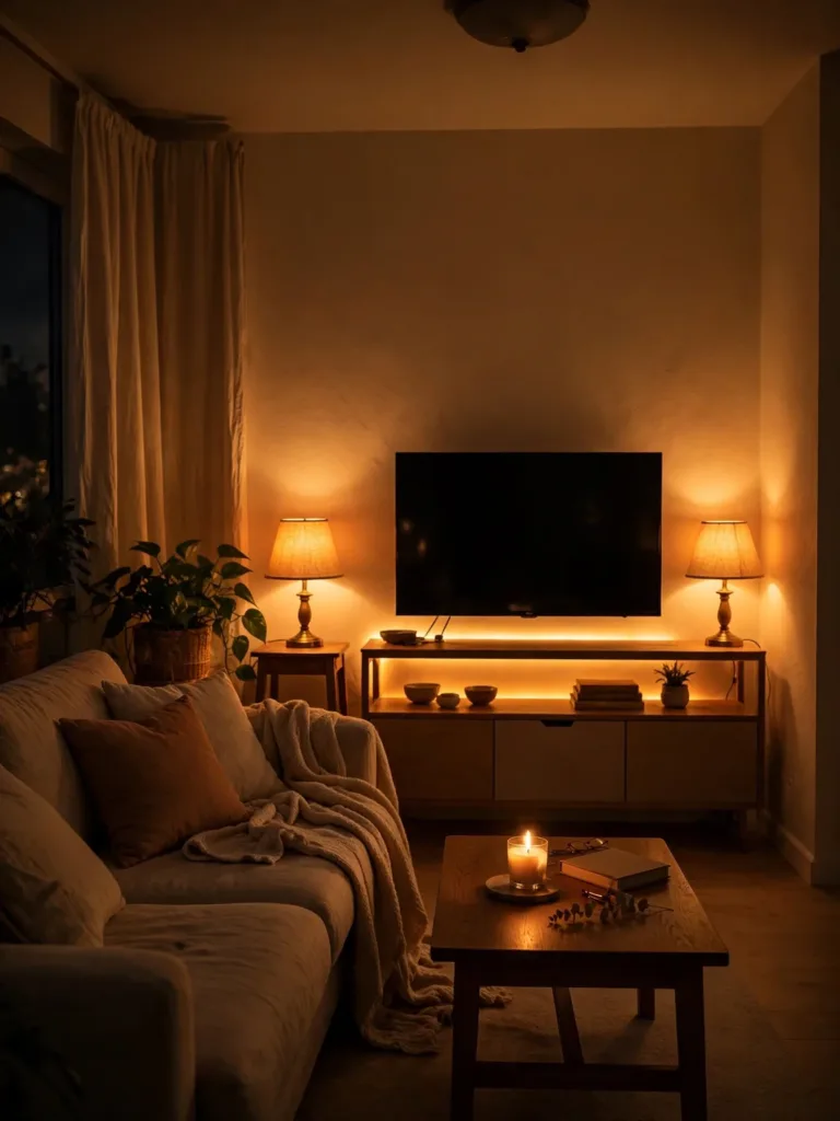 serene small living room at night in night mode with lamps and LED glow on and the overhead light off
