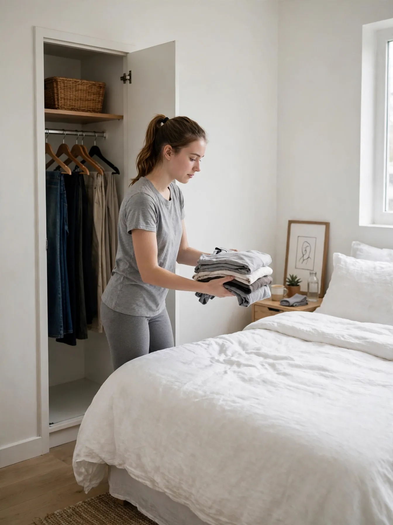 Woman pulling tops from a small reach-in closet onto the bed, one zone at a time