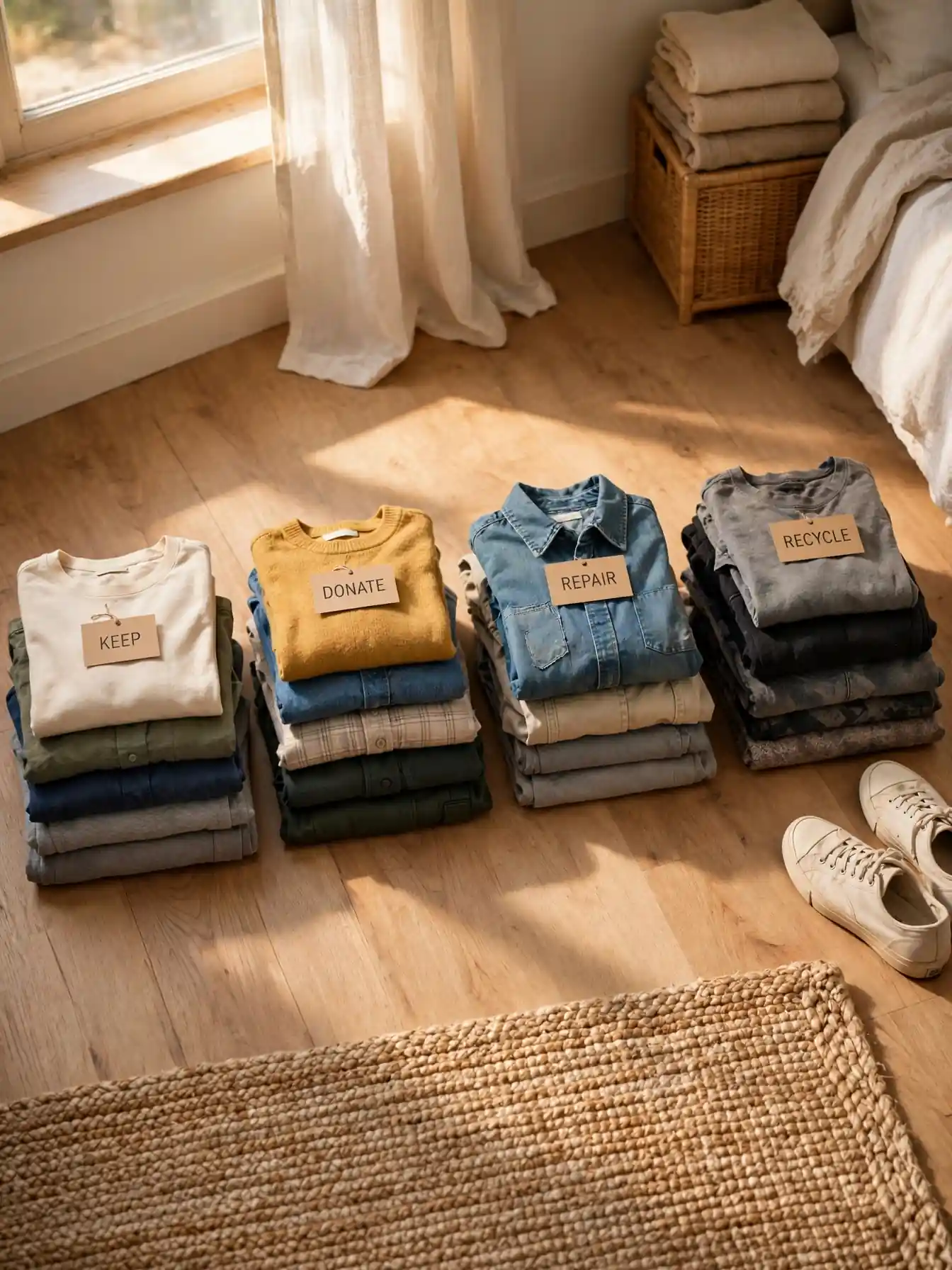 Four labeled piles for keep, donate, repair, and recycle during a closet declutter