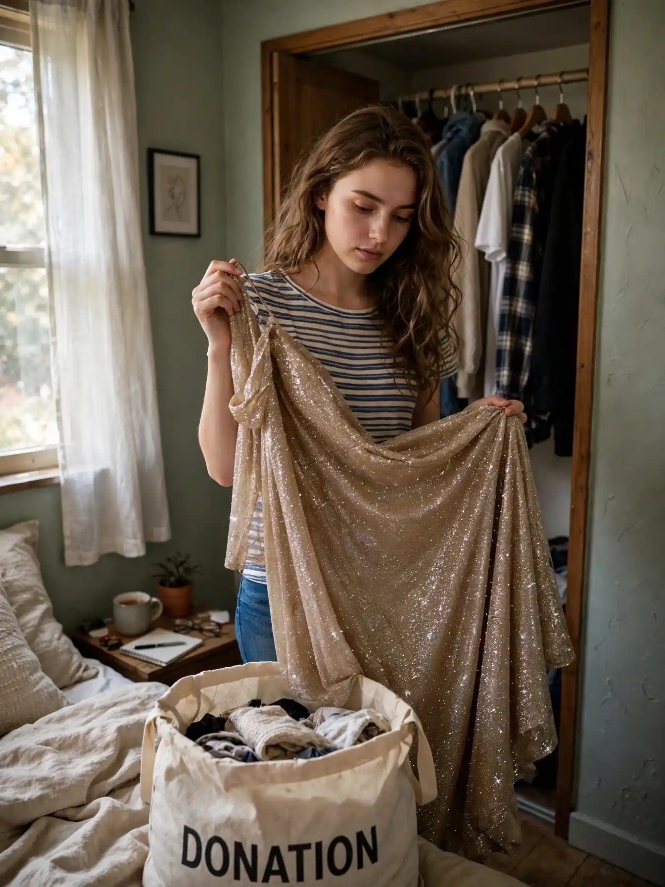Woman holding a formal gown over a donation bag in a small bedroom