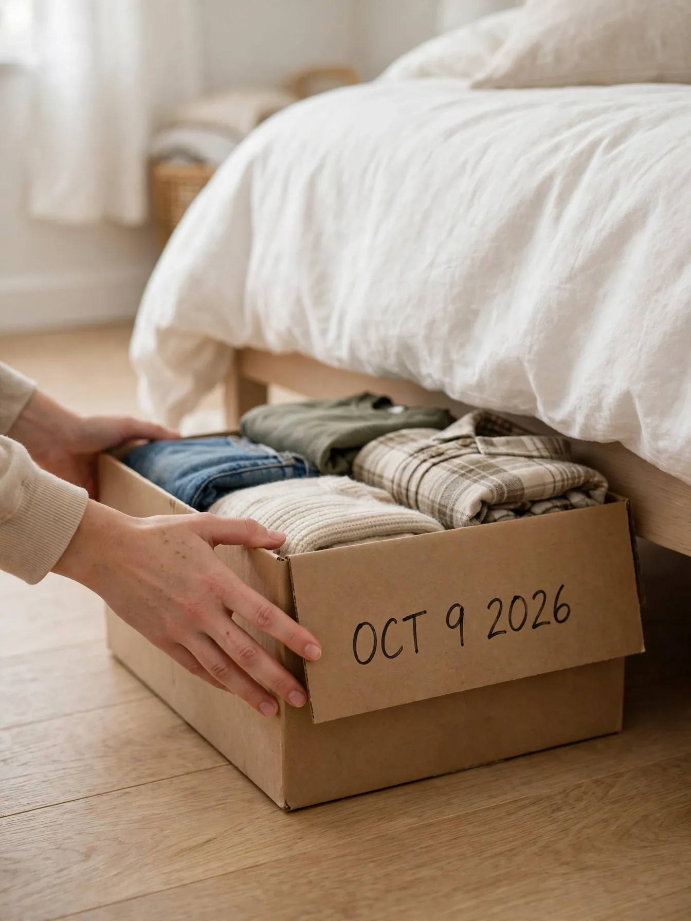 Cardboard box labeled with today's date sliding under a bed for maybe clothes