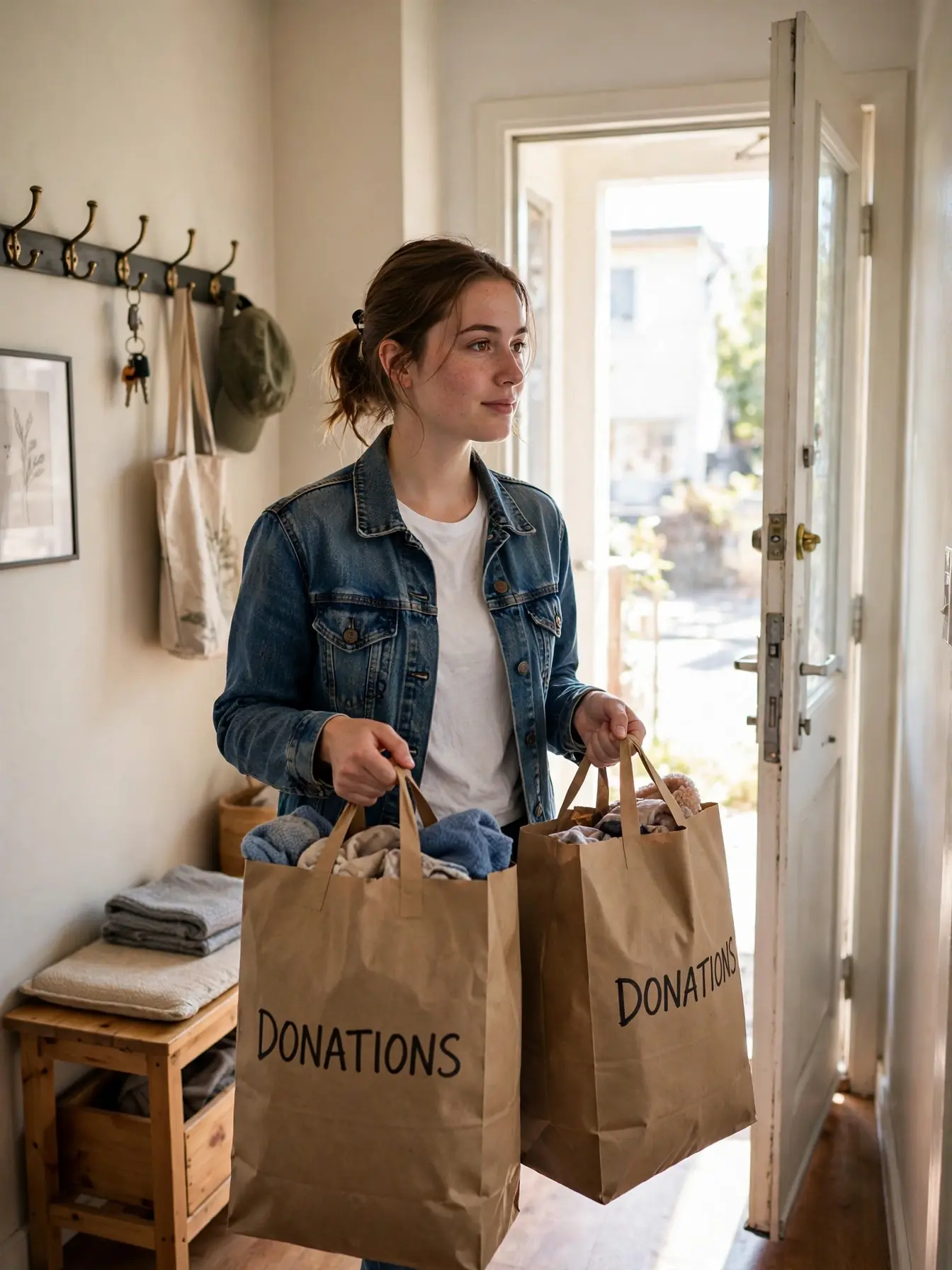 Woman carrying full donation bags toward an apartment door