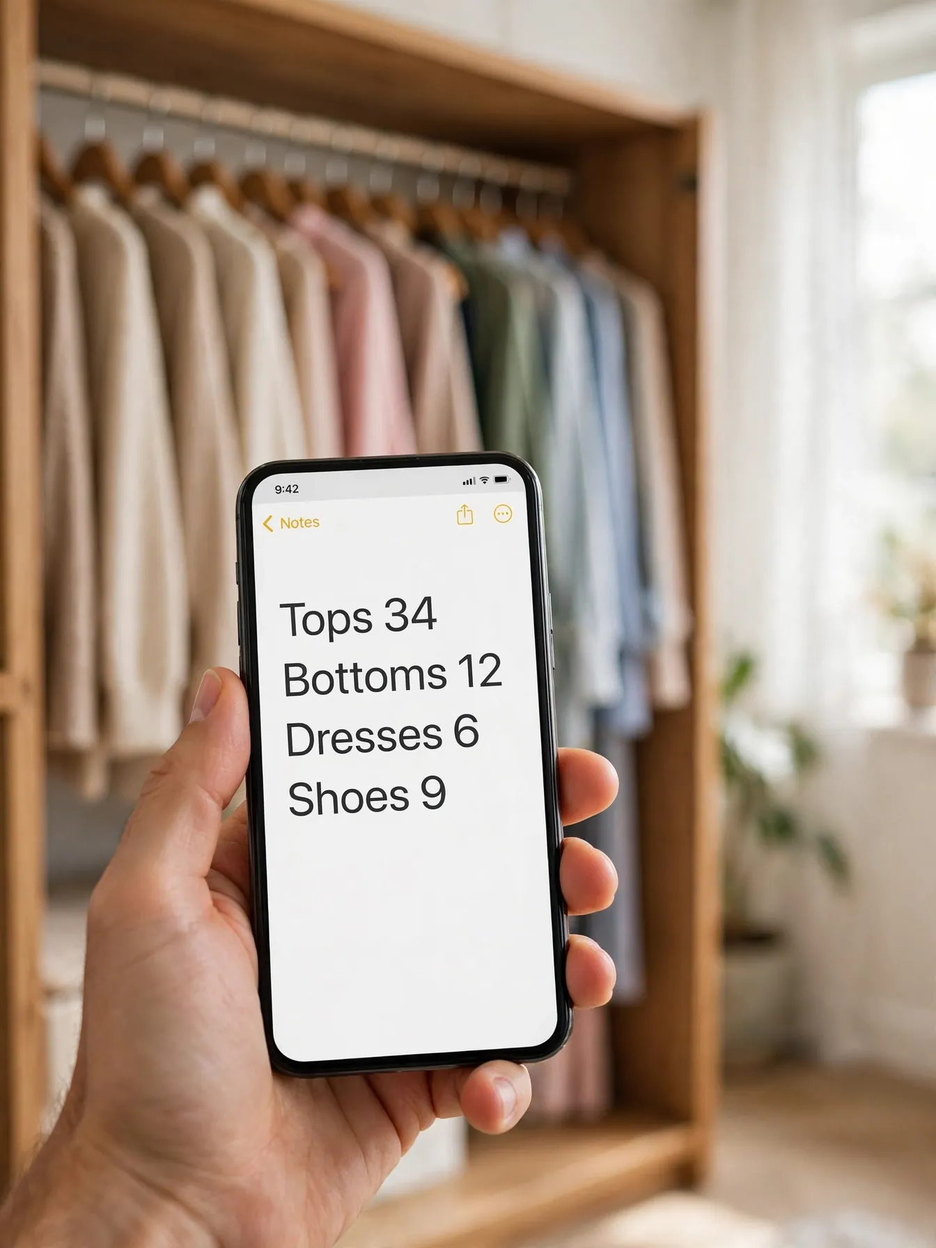 Hand holding a phone with a clothing tally beside a neat small closet