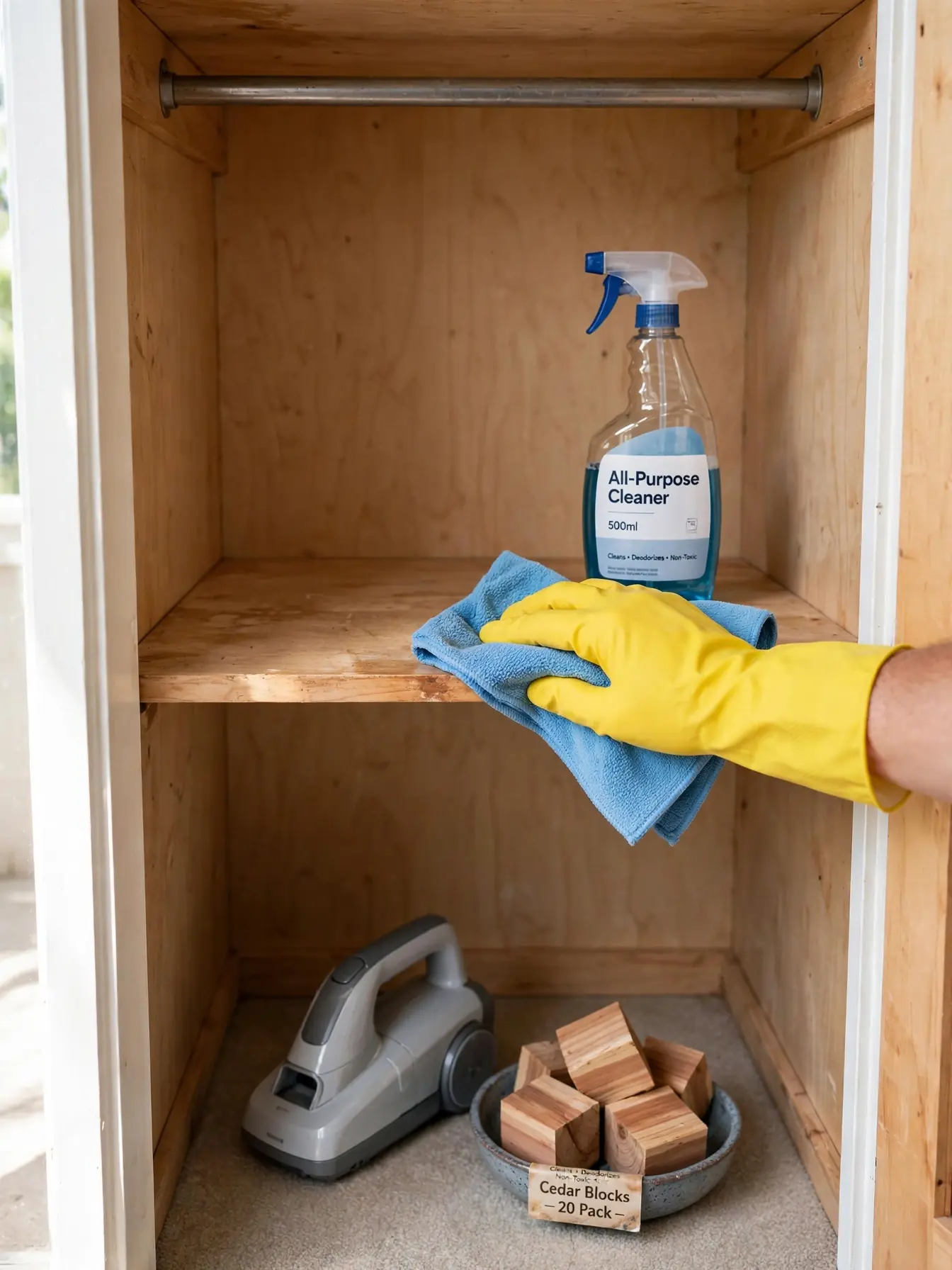 Empty closet shelves being wiped with a microfiber cloth and labeled cleaner