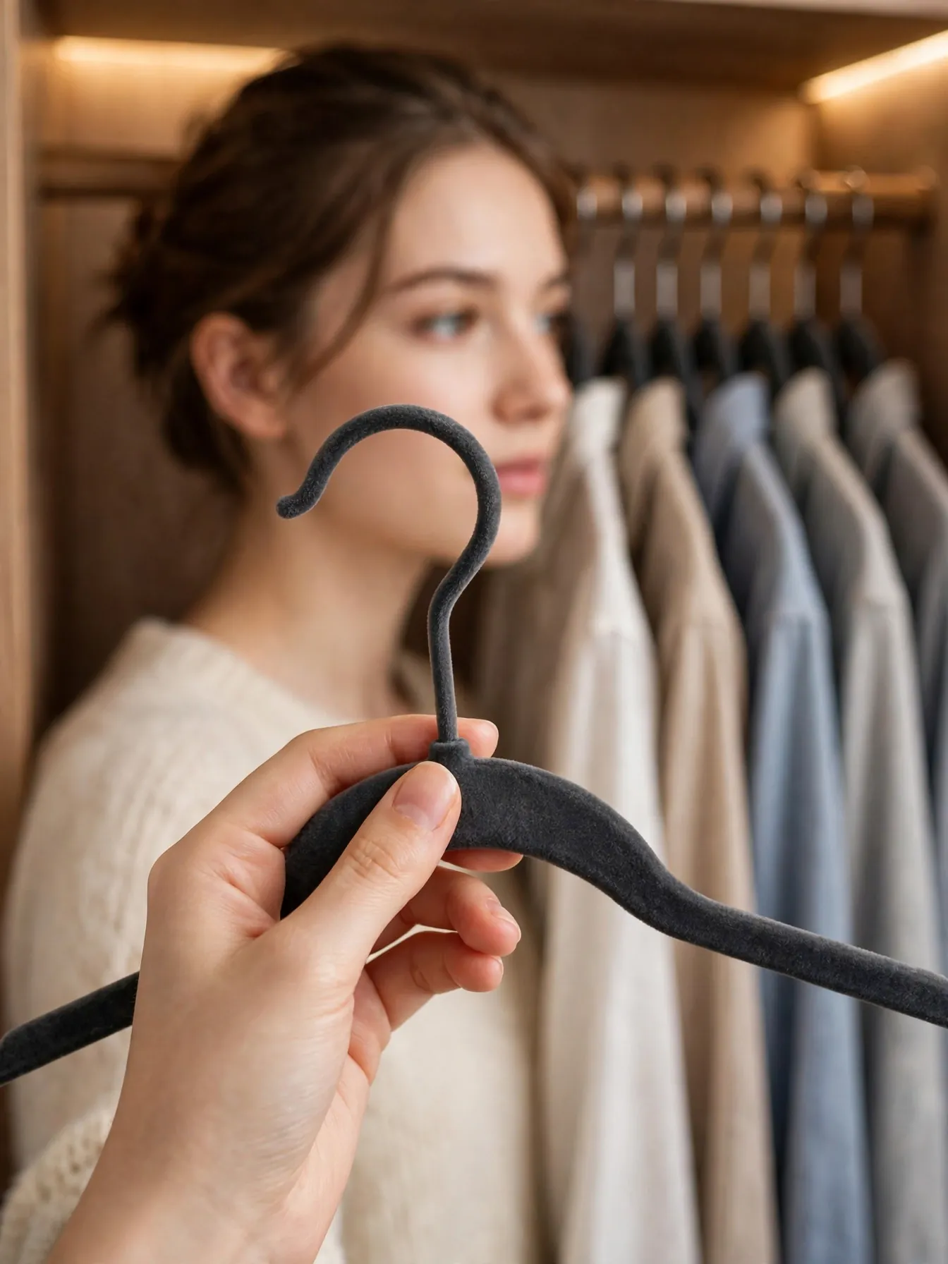 Row of slim dark velvet hangers holding shirts in a reach-in closet