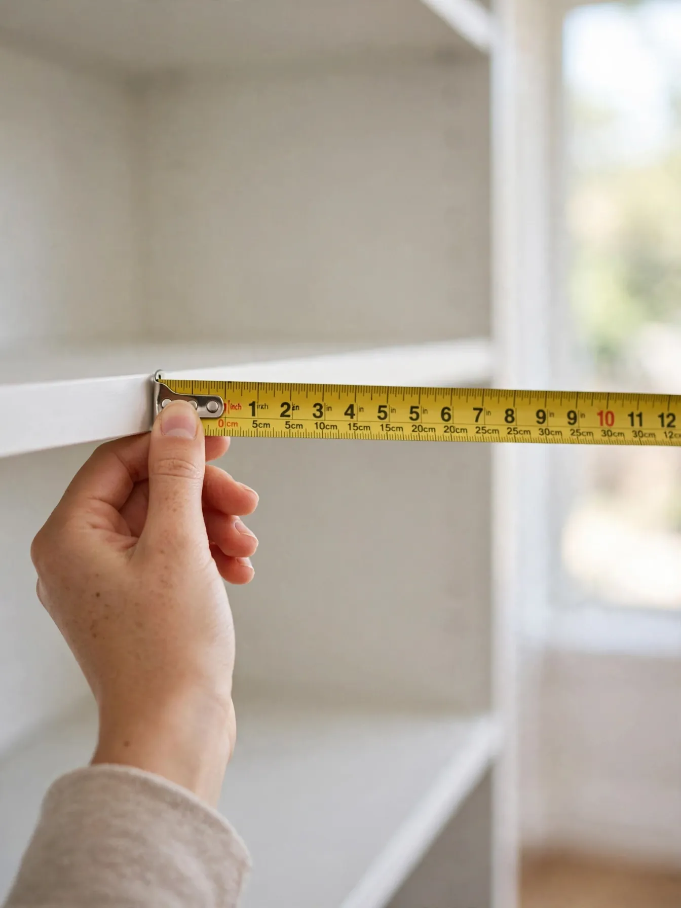 Yellow tape measure stretched across a closet shelf to check dimensions