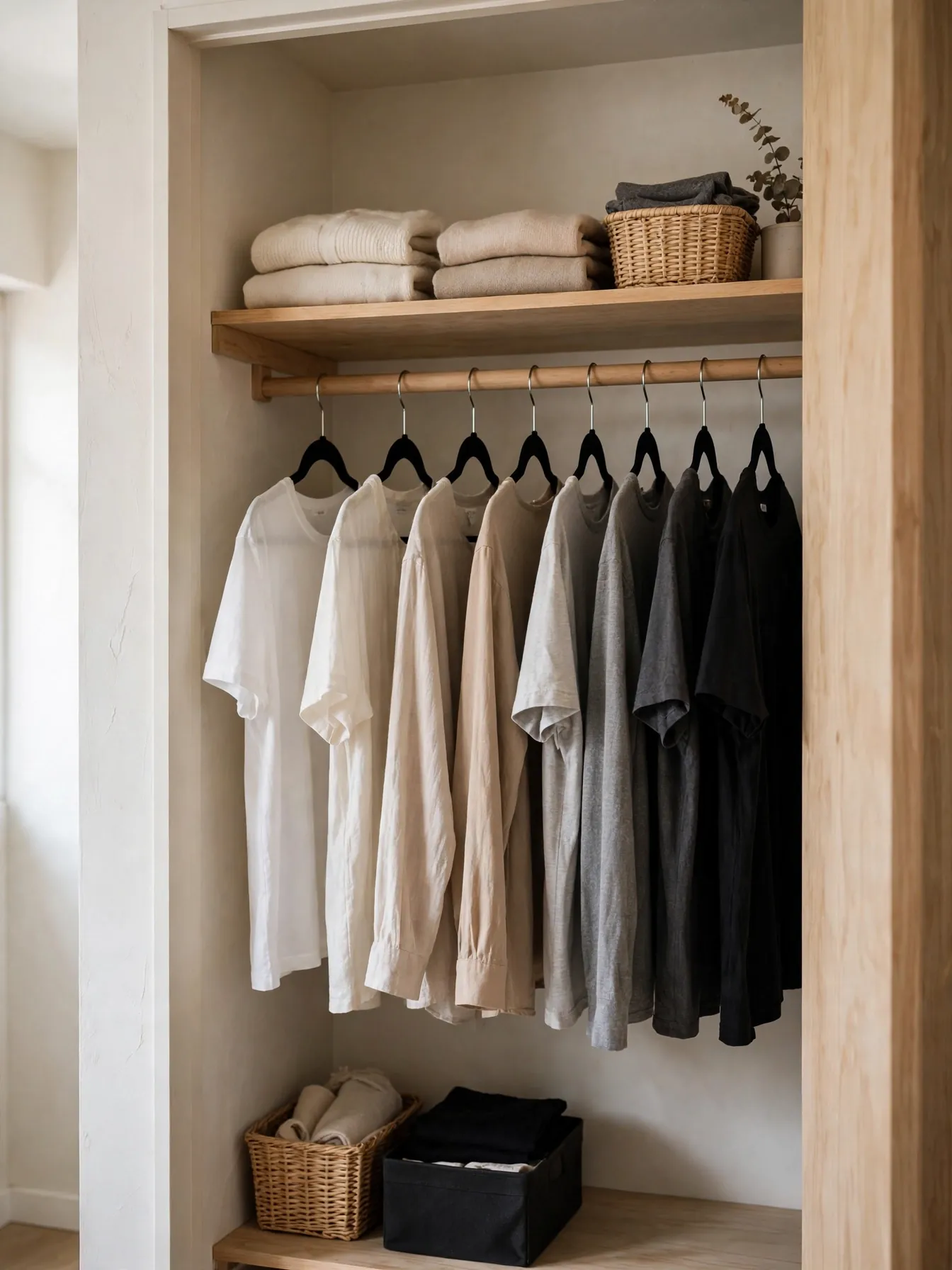 Small closet with clothes grouped by category in a light-to-dark gradient