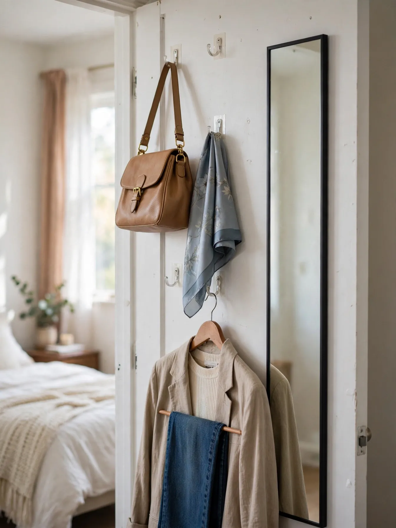 Inside of a closet door with adhesive hooks holding a handbag and scarves