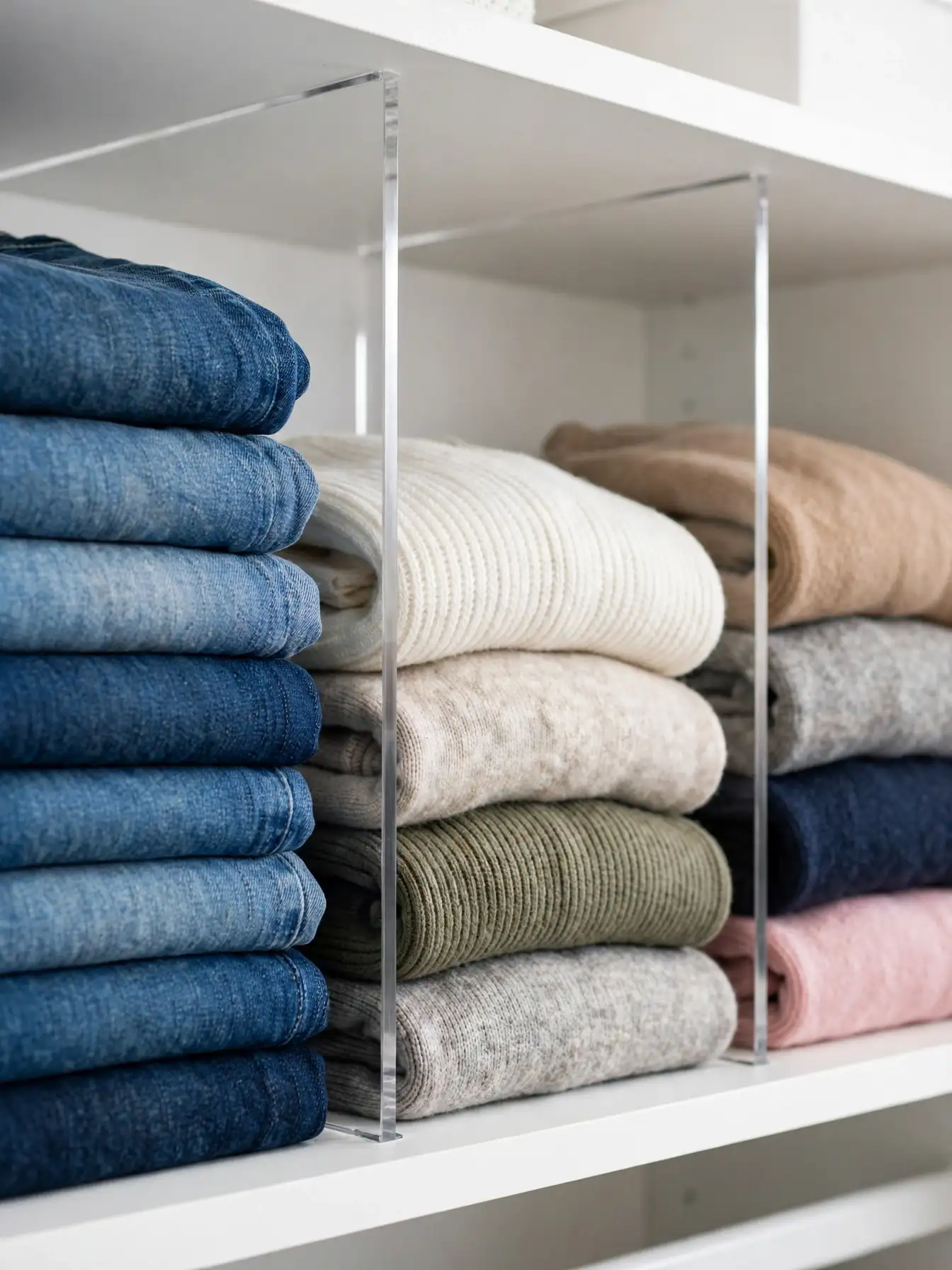 Clear acrylic shelf dividers between stacks of folded jeans and sweaters