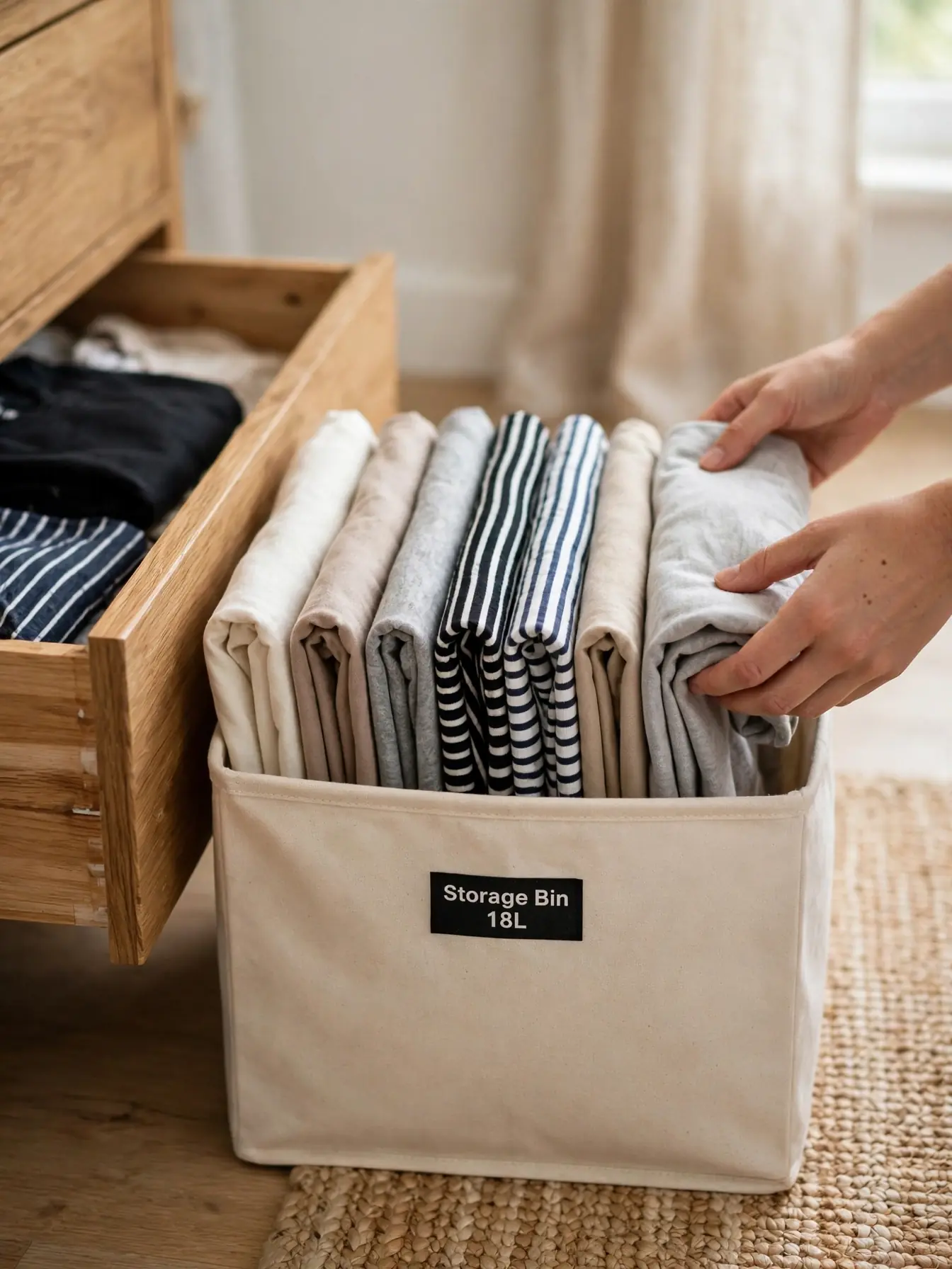 T-shirts file folded upright like folders in a fabric storage bin