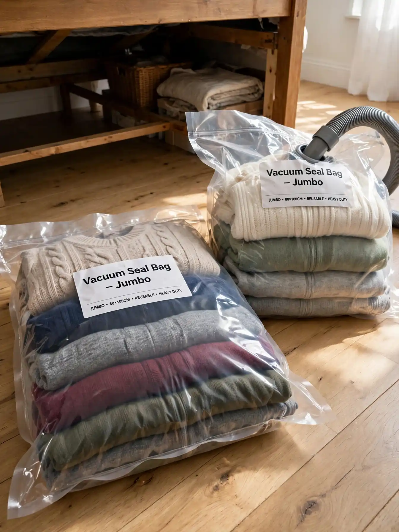 Vacuum-seal storage bags with winter sweaters being flattened for under-bed storage