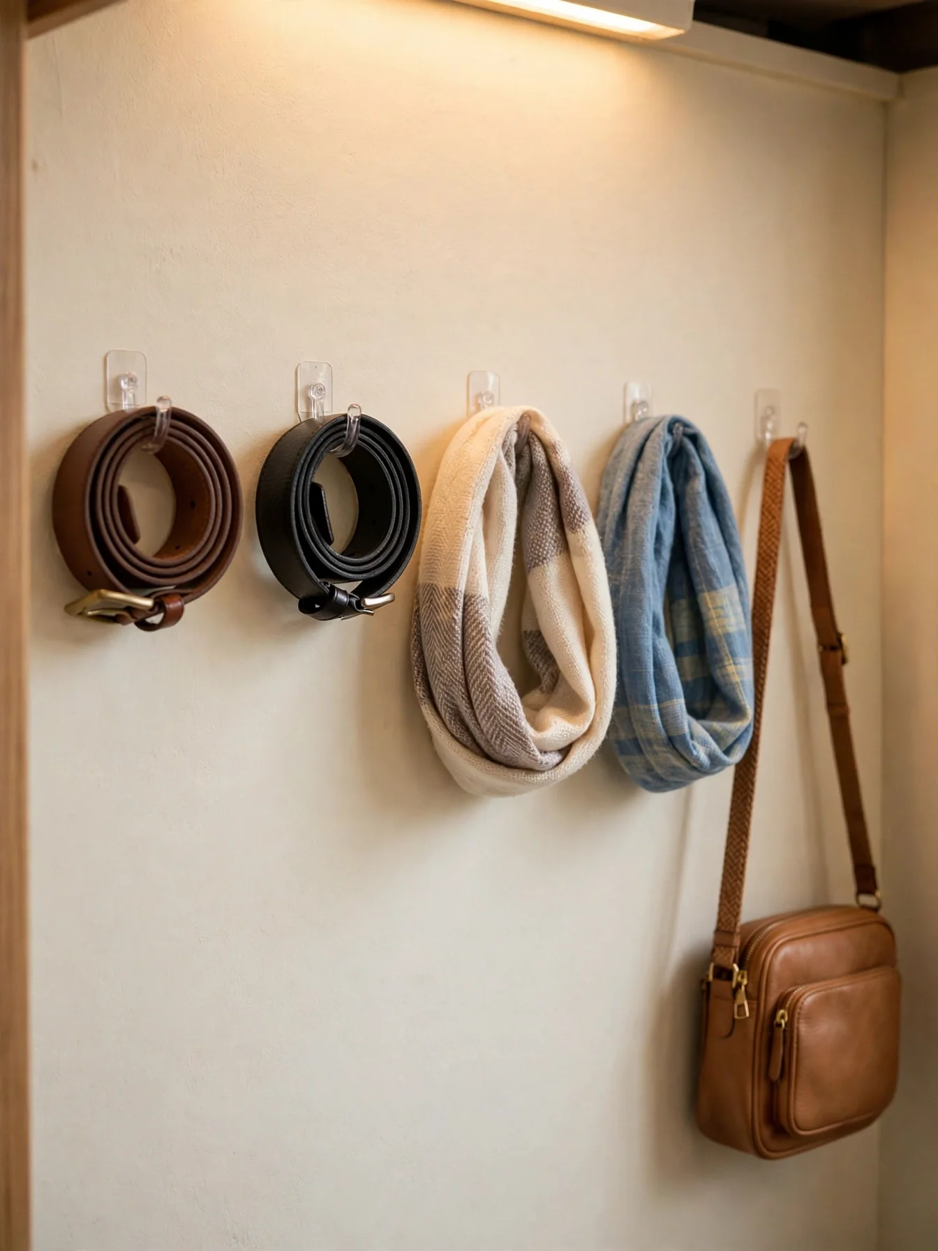 Row of adhesive wall hooks inside a closet holding belts, scarves, and a bag