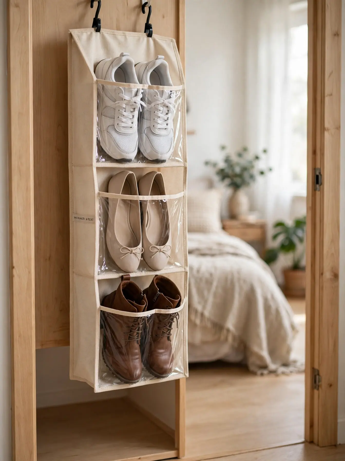 Over-door shoe organizer holding pairs of shoes vertically in a small closet