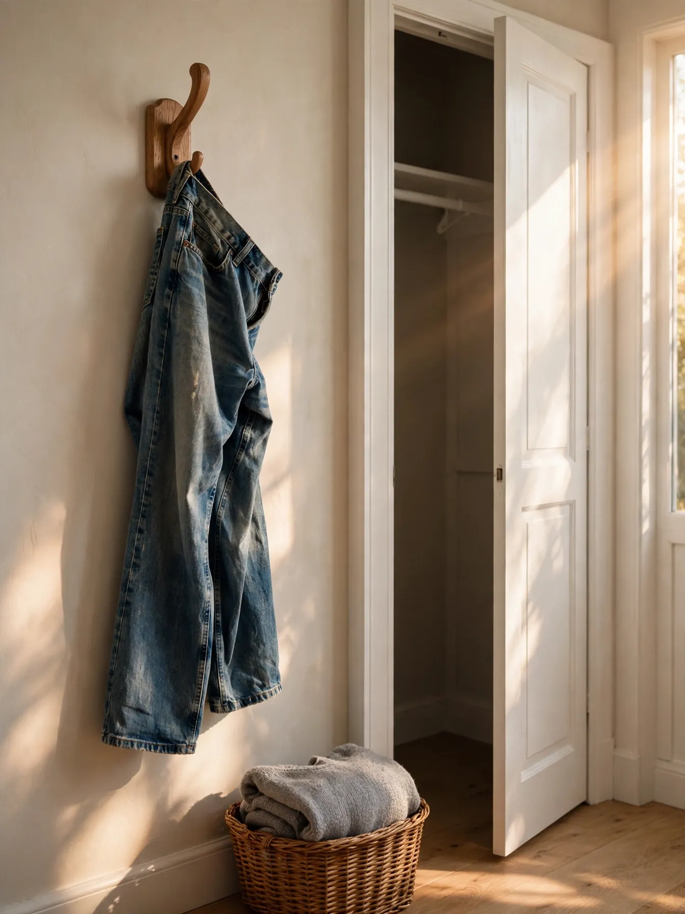 One wall hook holding worn-once jeans next to a small closet