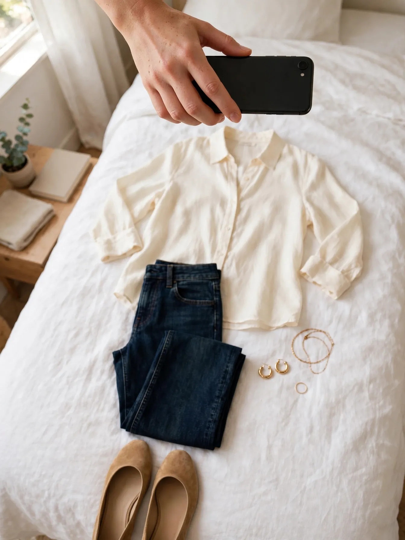 Complete outfit laid out on a bed being photographed for an outfit album