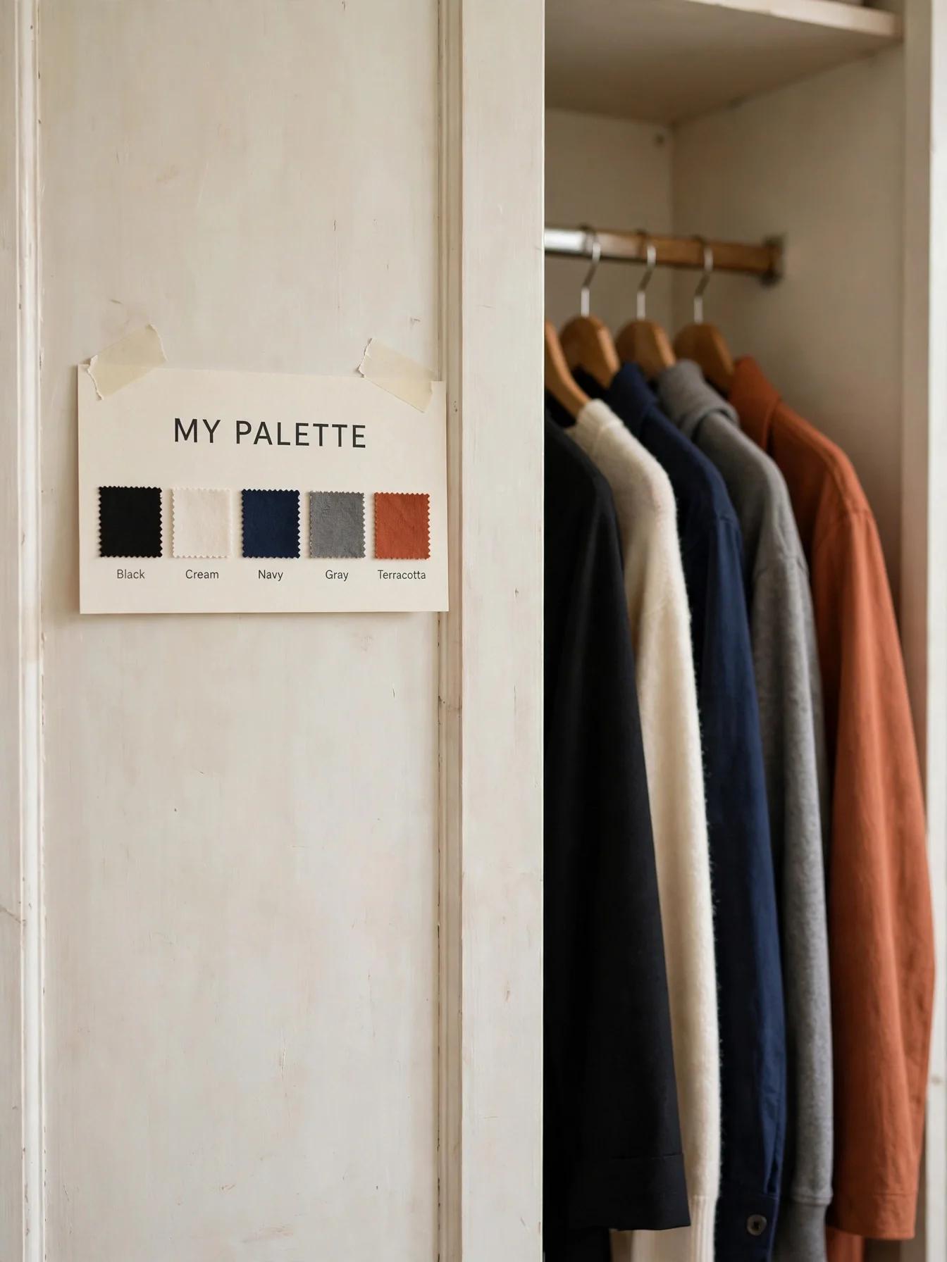 Small color palette swatch card taped inside a closet door beside coordinated clothes
