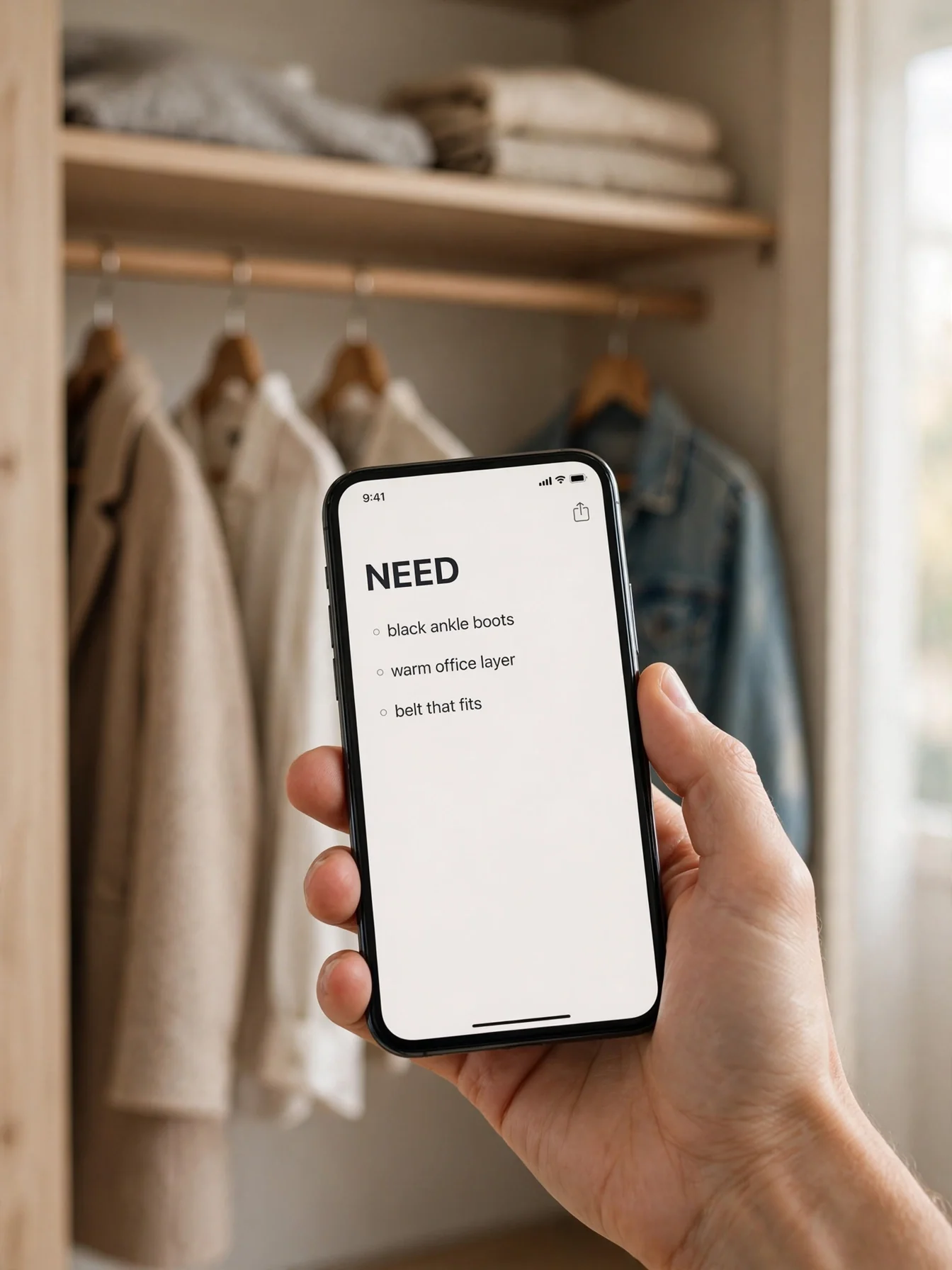 Hand holding a phone showing a wardrobe need list in front of a tidy closet