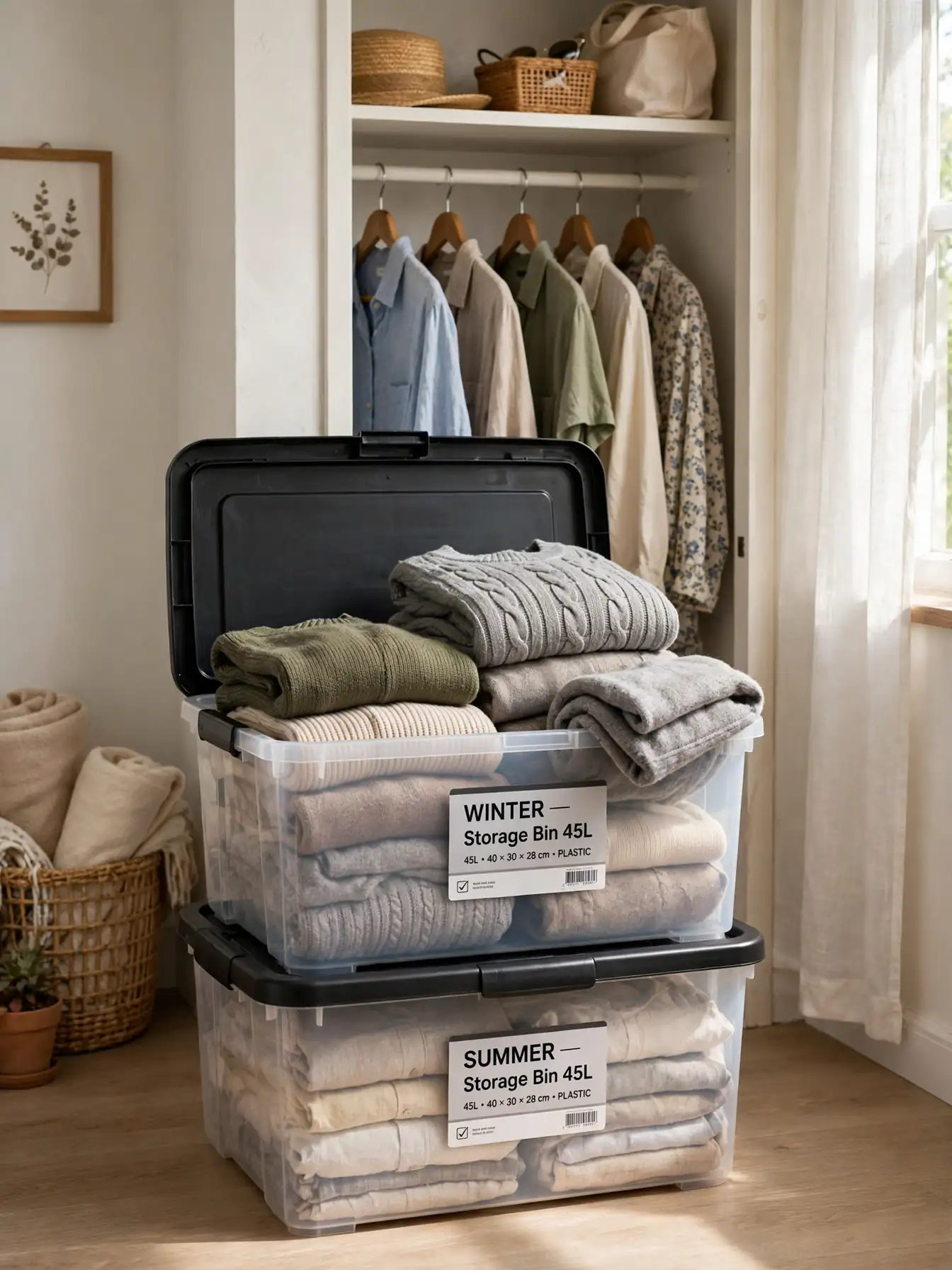 Labeled storage bins for off-season clothes during a seasonal closet swap