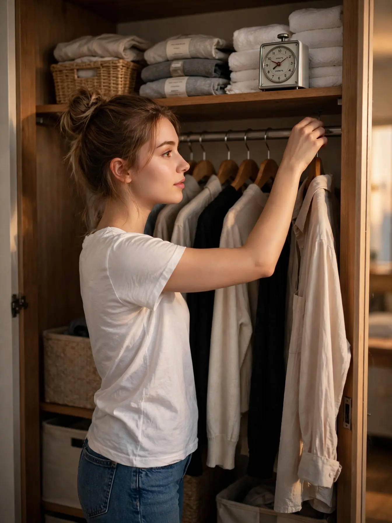 Woman rehanging a shirt during a ten-minute weekly closet reset