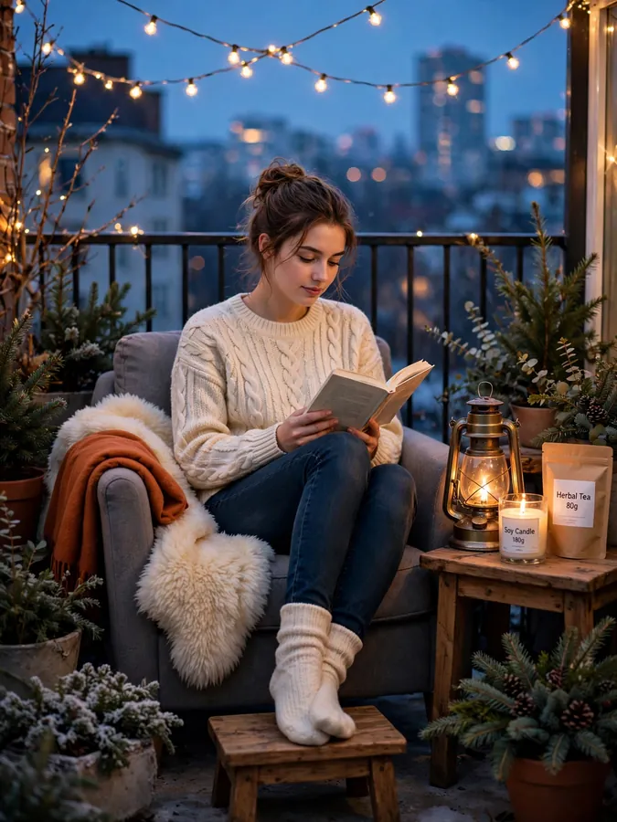Young woman reading a book in a cozy winter balcony corner at dusk, chunky knit sweater, faux sheepskin on the armchair and a glowing lantern beside her